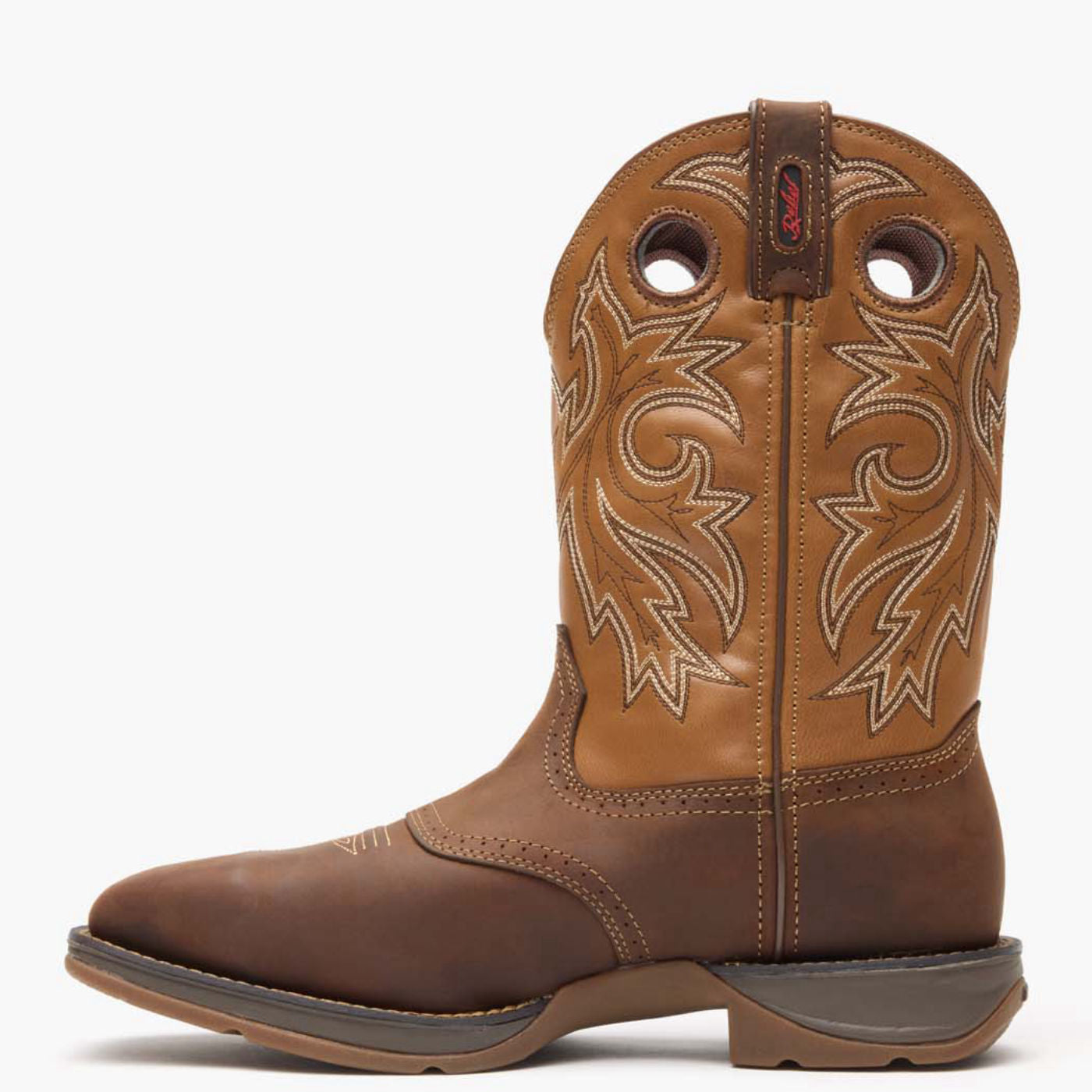 Inner side view of Durango Rebel Work brown western boot