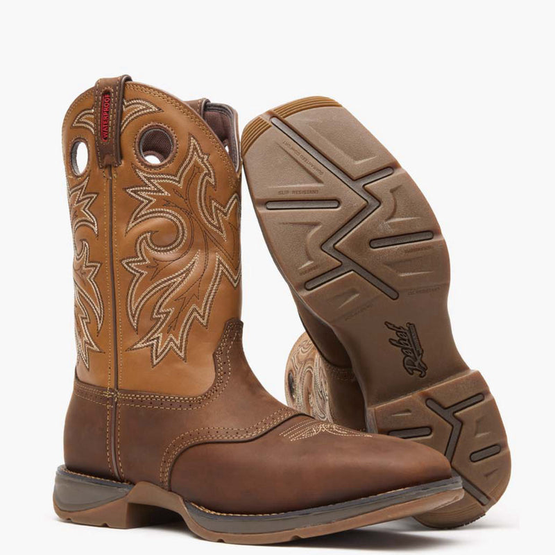 Front pair view of Durango Rebel Work brown western boots with outsole showing
