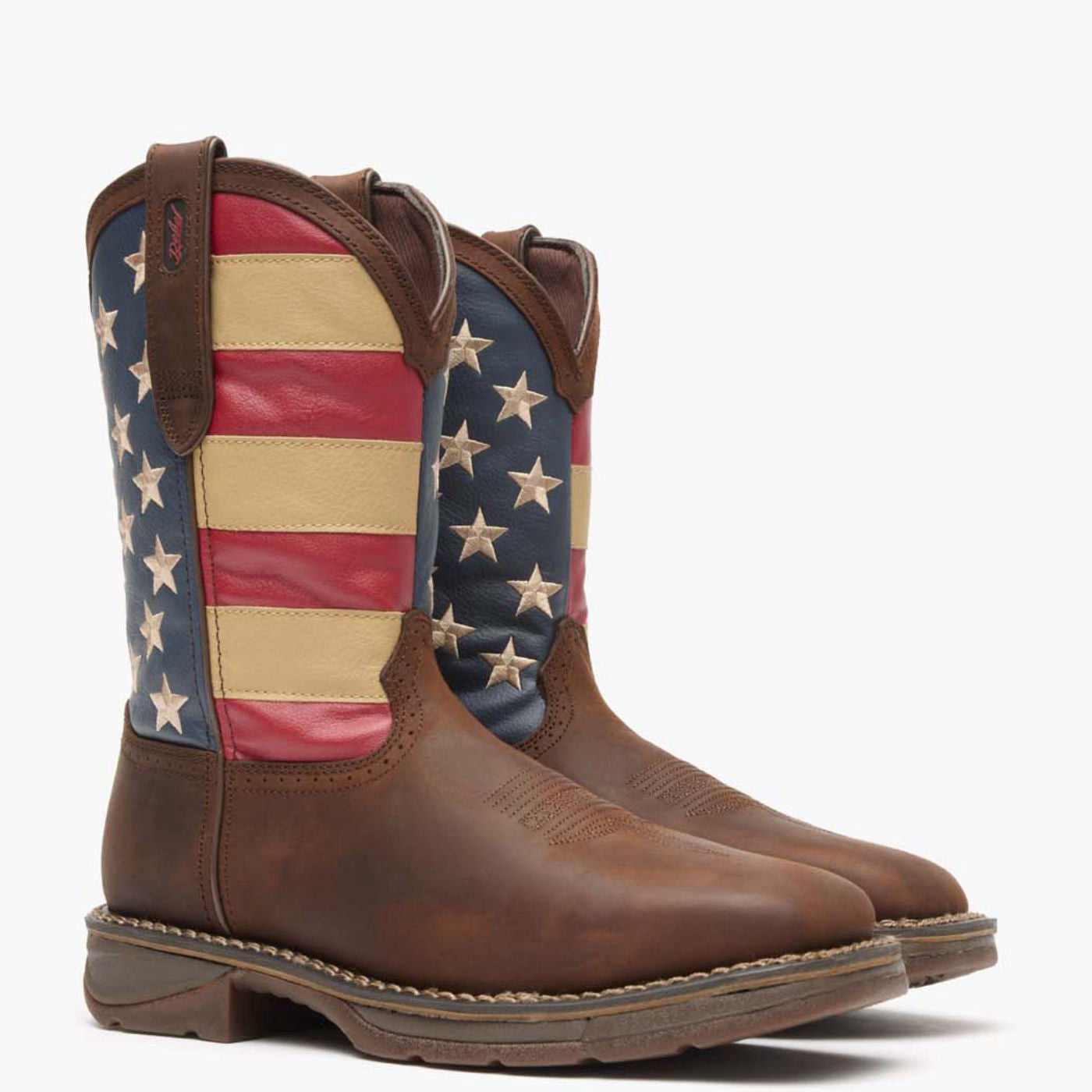Front view of a pair of Durango Workin' Rebel work boots with American flag shaft design