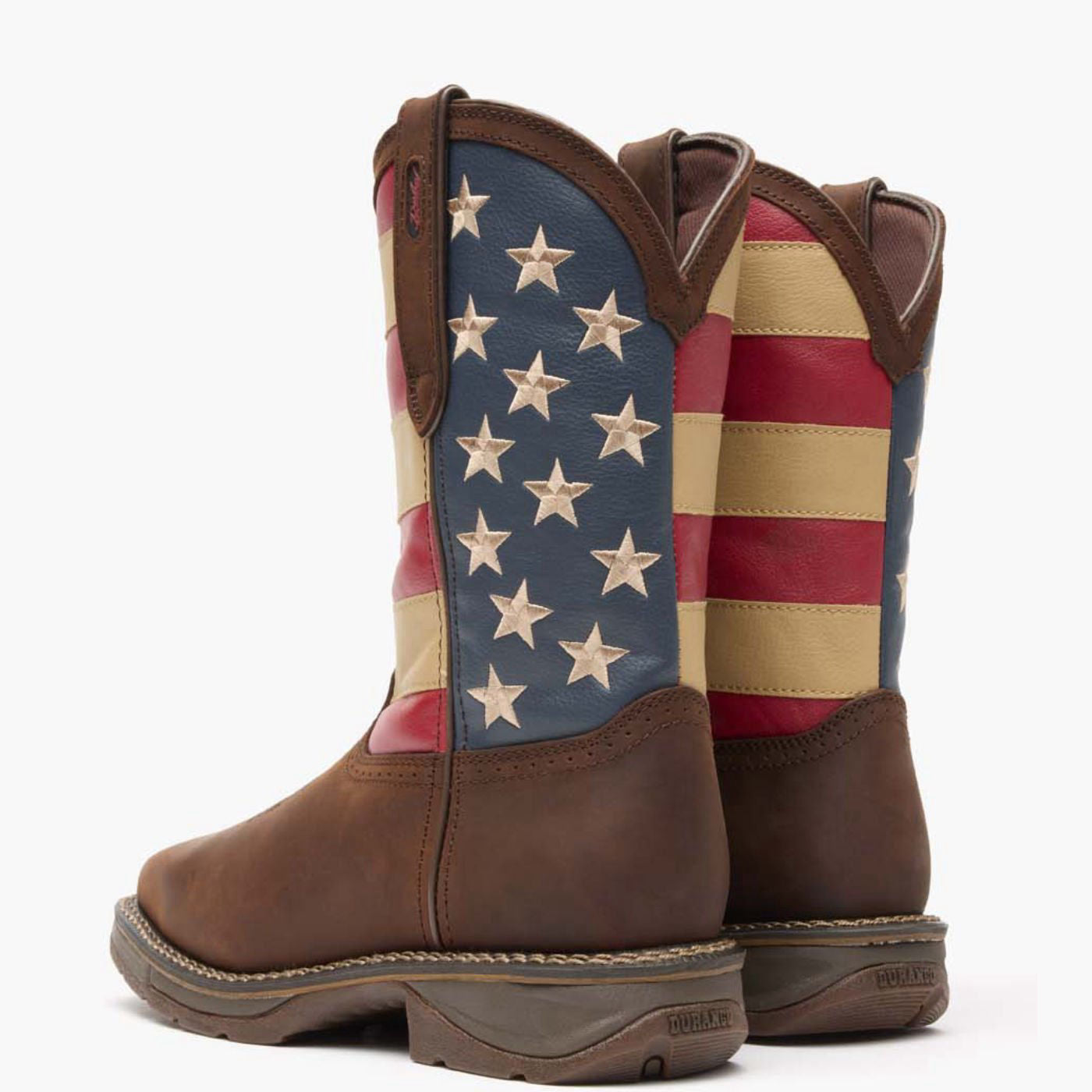 Back view of a pair of Durango Workin' Rebel work boots with American flag shaft design