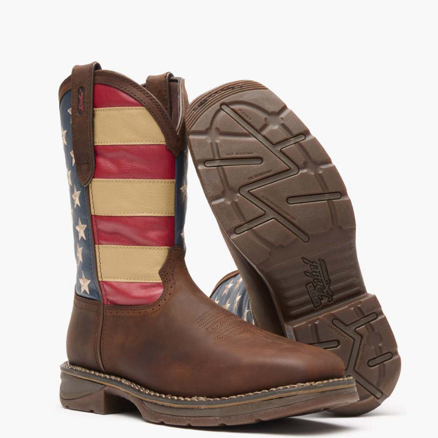 Front view of a pair of Durango Workin' Rebel work boots with American flag shaft design with outsole showing