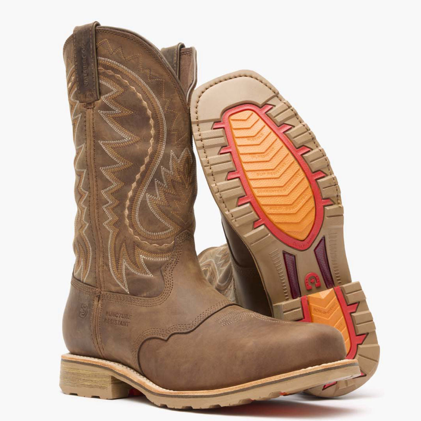 Front pair view of Durango Maverick Pro brown square toe work boots with outsole showing