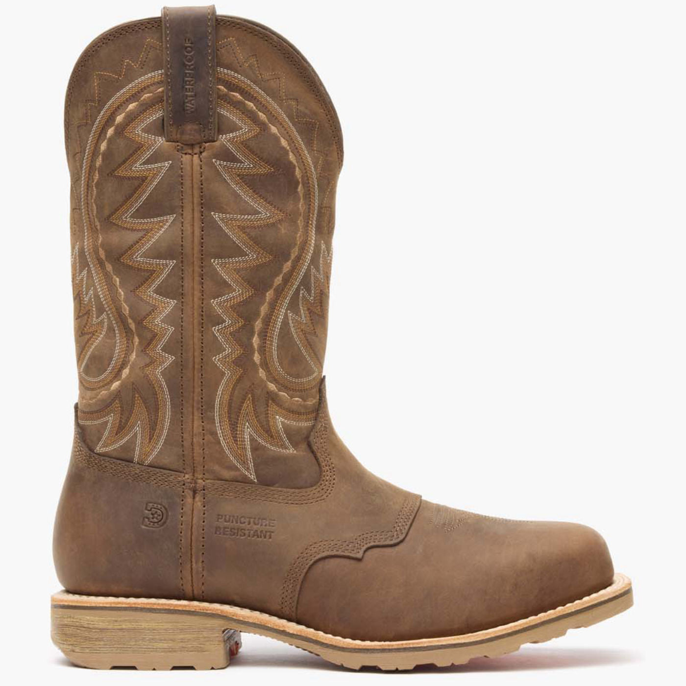 Outer side view of Durango Maverick Pro brown square toe work boot with puncture resistant emboss