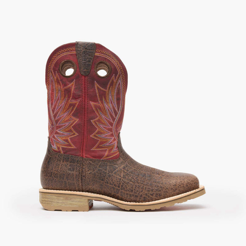 Outer side view of Durango Maverick Pro work boots with elephant embossed brown leather and red shaft design