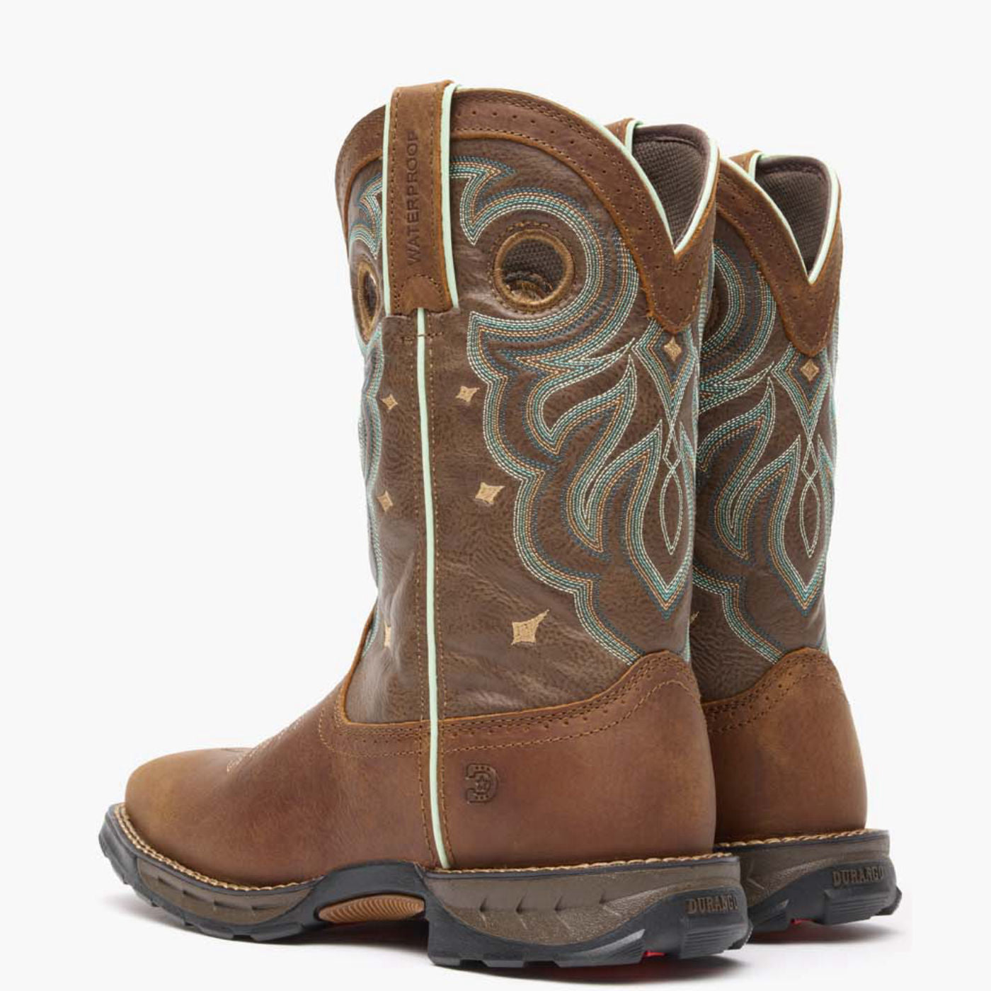 Back pair view of Durango Maverick women's brown square toe work boots