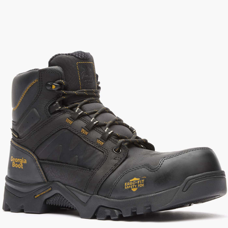 Black safety boot with yellow accents on a white background