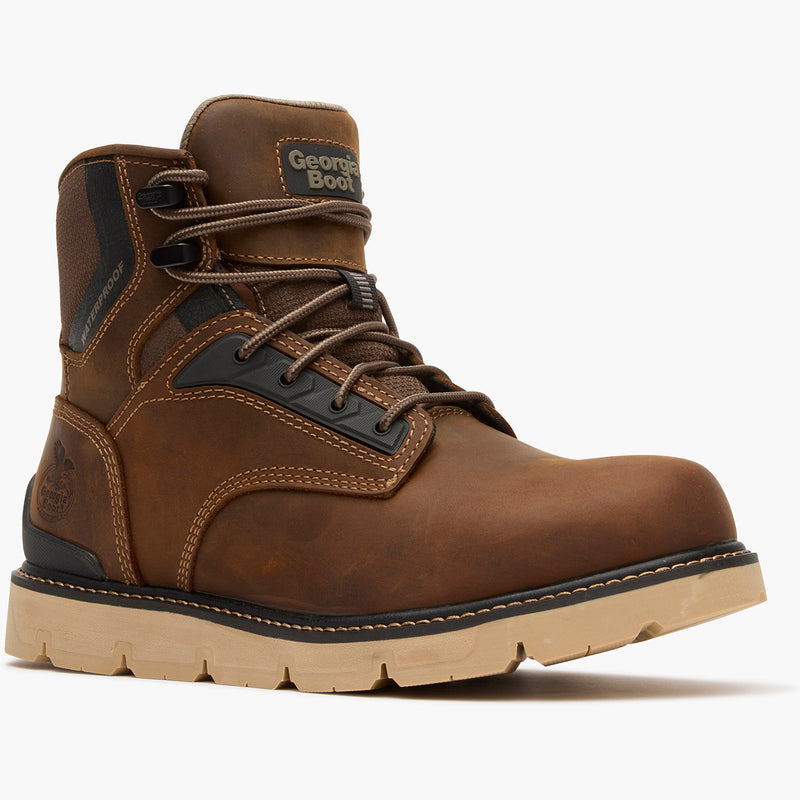 Brown work boot with visible brand logo on a white background