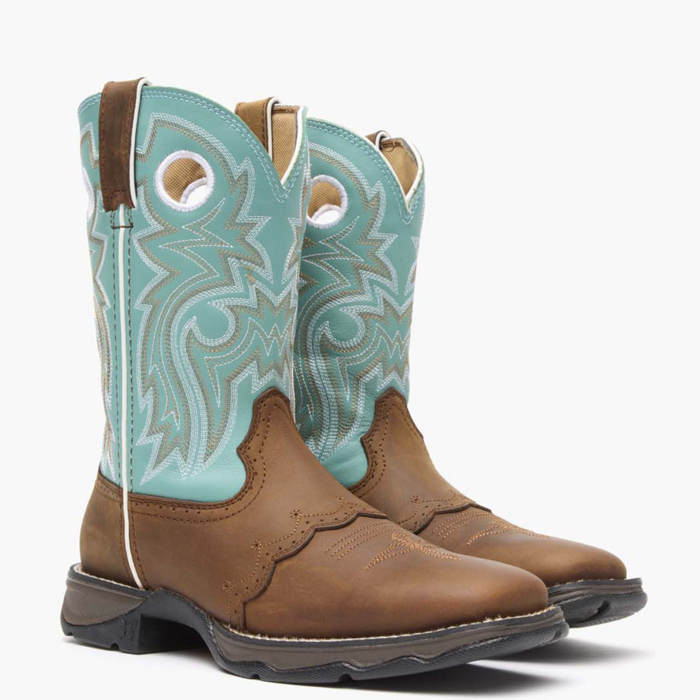Front pair view of Durango Lady Rebel brown and powder blue western boots