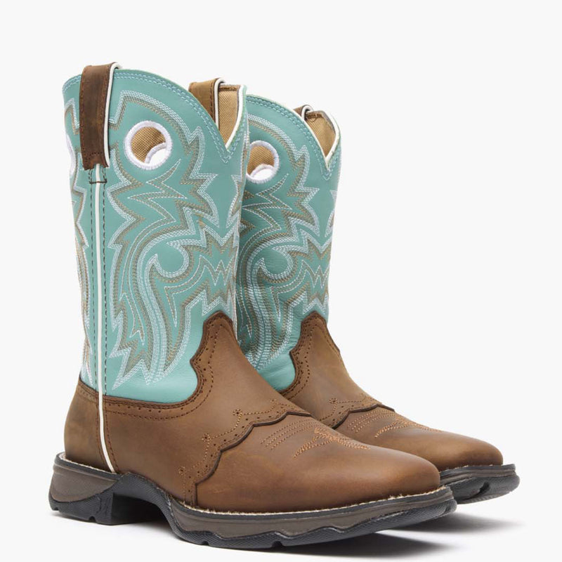Front pair view of Durango Lady Rebel brown and powder blue western boots