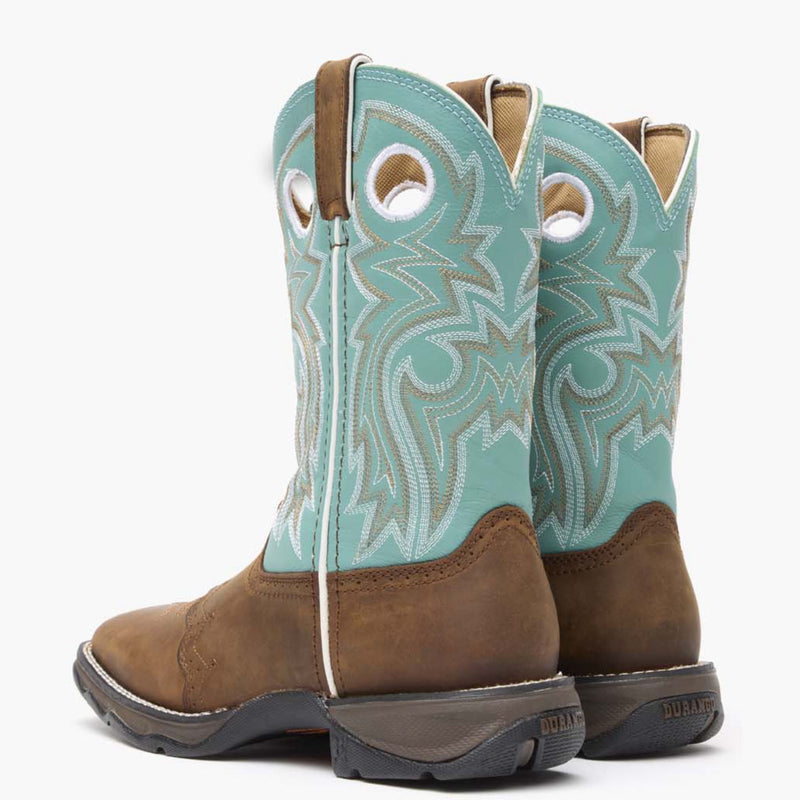 Back pair view of Durango Lady Rebel brown and powder blue western boots