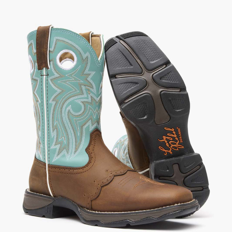 Front pair view of Durango Lady Rebel brown and powder blue western boot with outsole showing