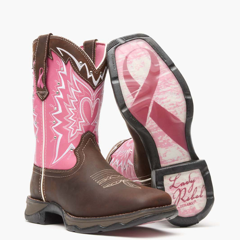 Front pair view of Durango Lady Rebel western boots with breast cancer ribbon detailing and outsole showing