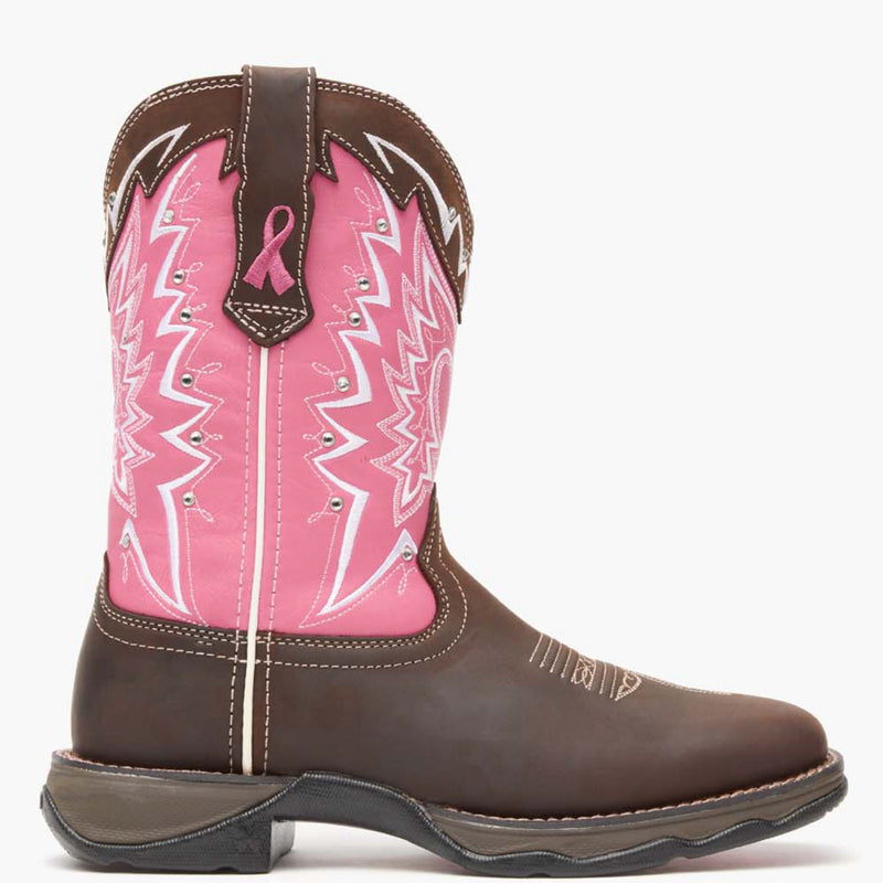 Outer side view of Durango Lady Rebel western boot with breast cancer ribbon detailing