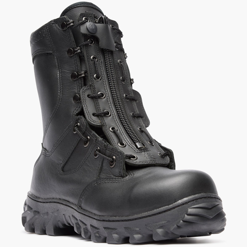 Black tactical boot with multiple zippers on a white background