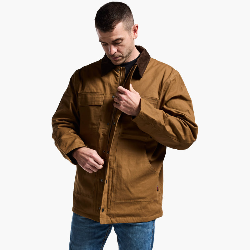 Man wearing a brown jacket on a white background