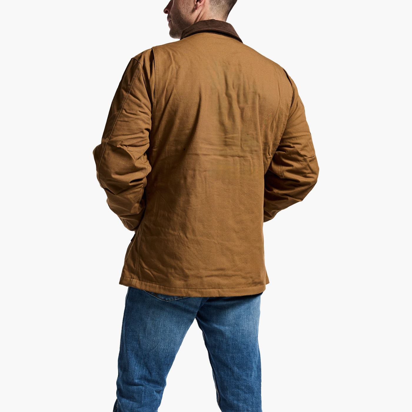 Man wearing a brown jacket and blue jeans on a white background