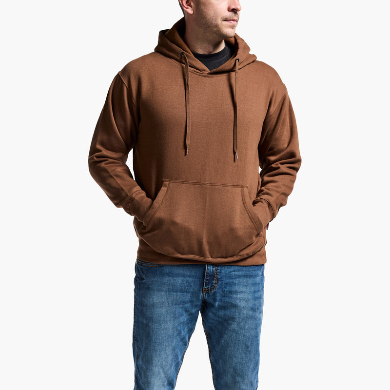 Man wearing a brown hoodie and blue jeans on a white background