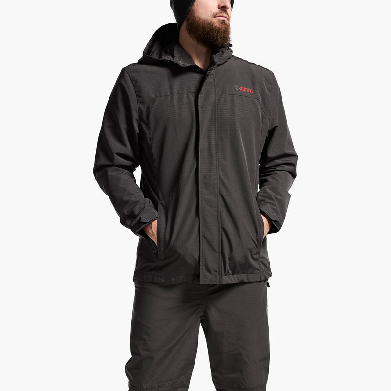 Person wearing a black jacket with a brand logo on a white background