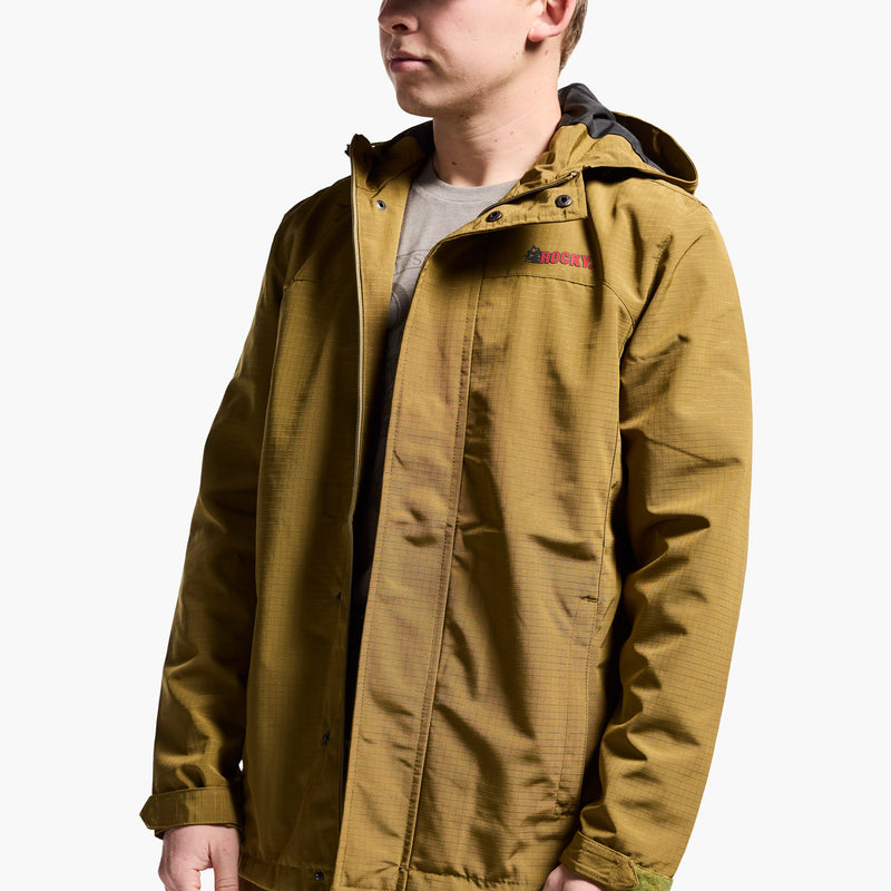 Person wearing a mustard yellow jacket with a brand logo on a white background