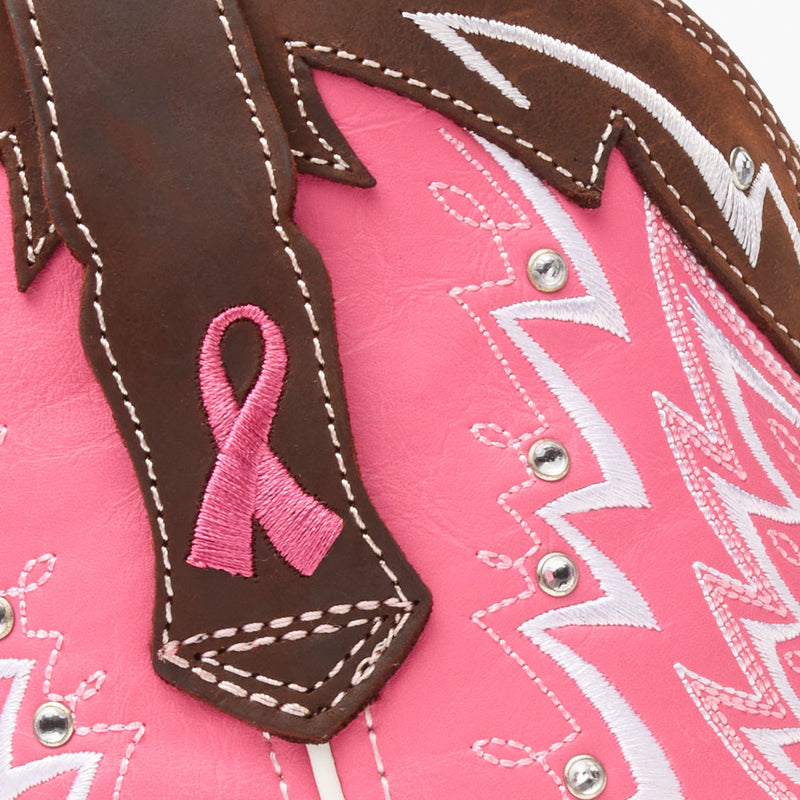 Detail view of Durango Lady Rebel western boot with breast cancer pink ribbon embroidery on pull strap