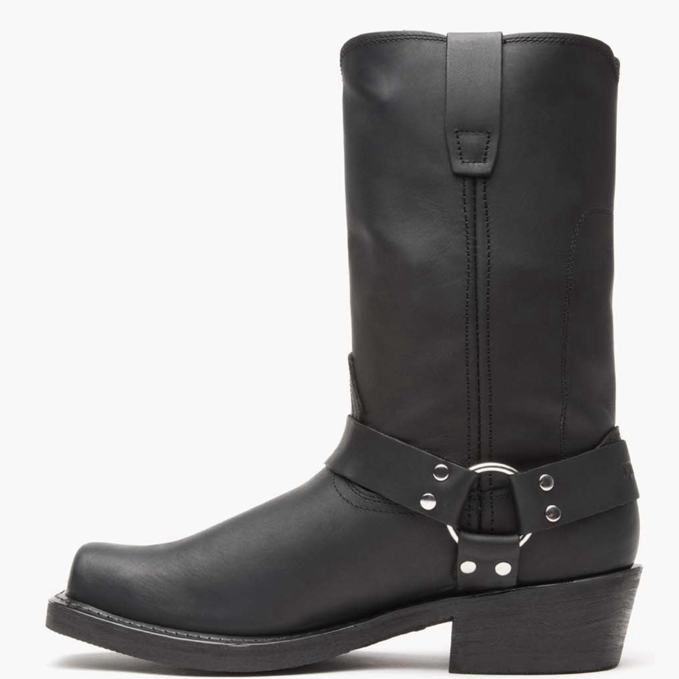 Inner side view of Durango Harness black leather moto boot