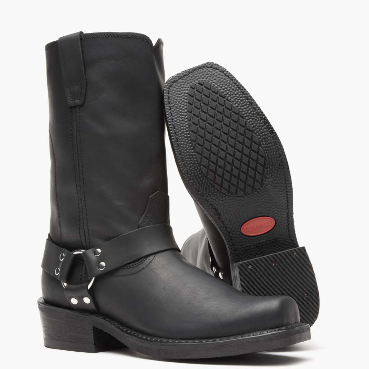 Front pair view of of Durango Harness black leather moto boots with rubber outsole showing