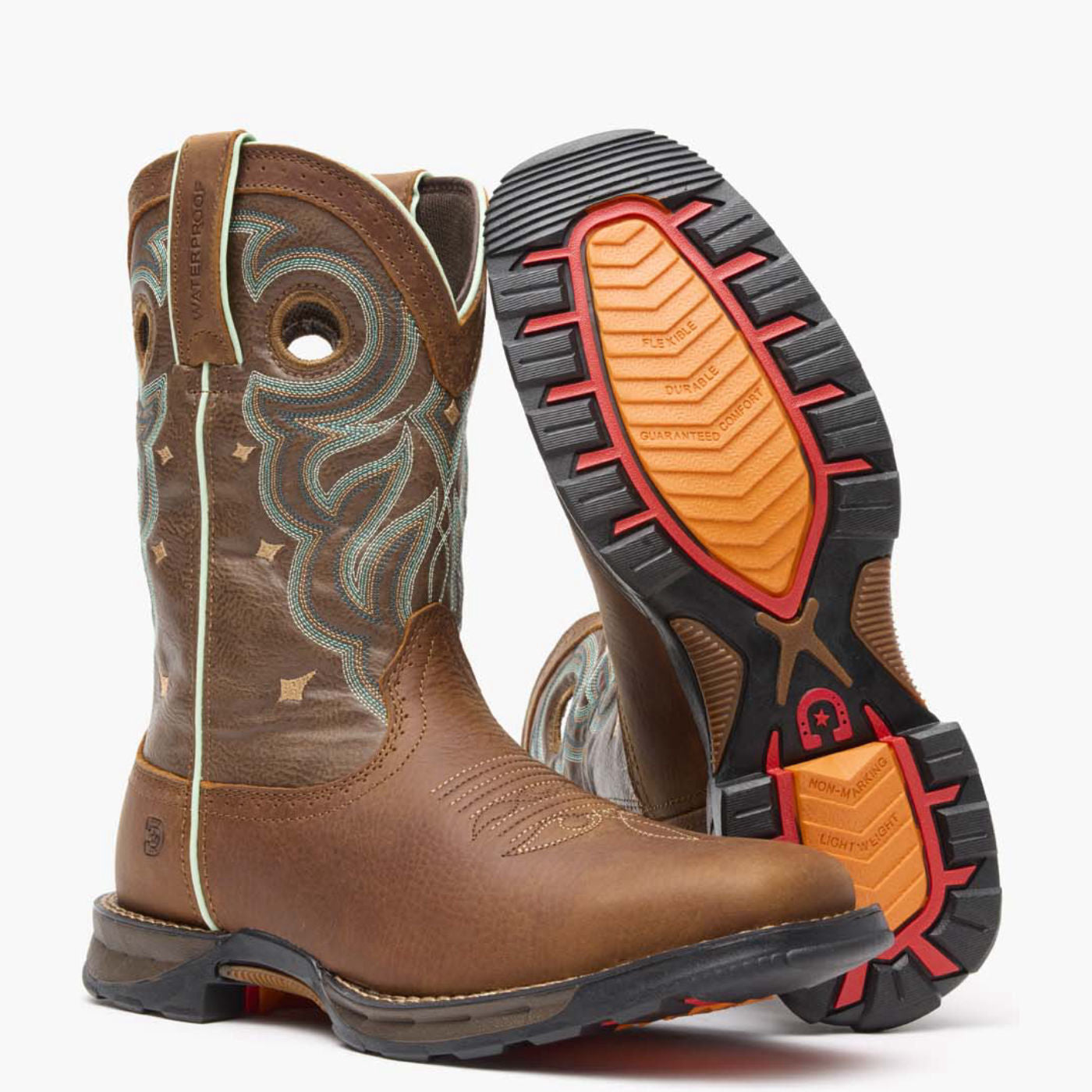 Front pair view of Durango Maverick women's brown square toe work boots with outsole showing