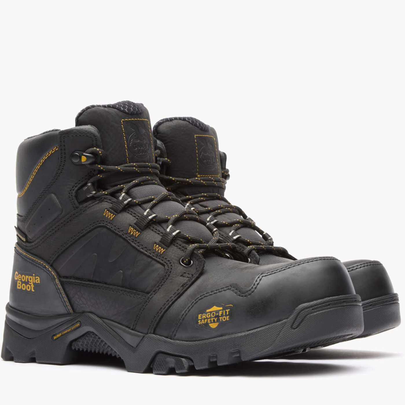 Pair of black safety boots with visible branding on a white background
