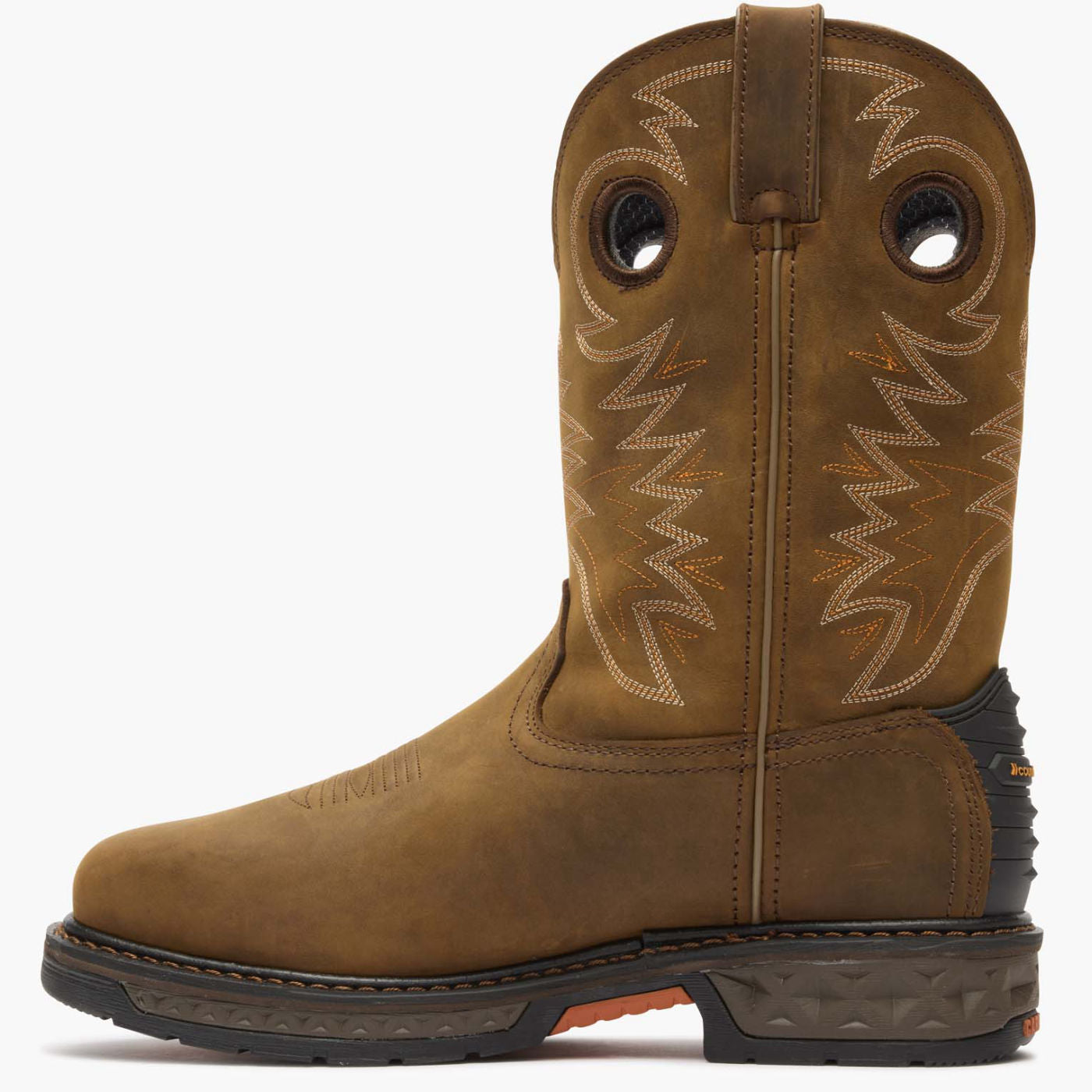 Brown cowboy boot with intricate stitching on a white background