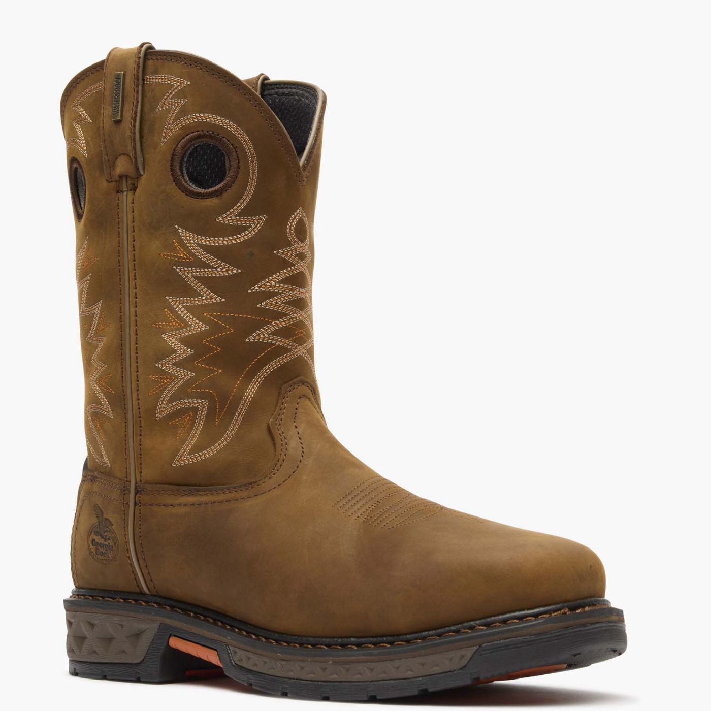 Brown cowboy boot with intricate stitching on a white background