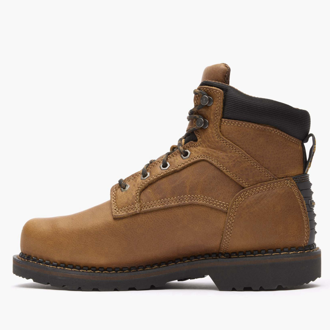 Brown leather boot with black sole on a white background