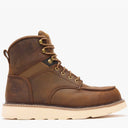 Brown leather boot with beige sole on a white background