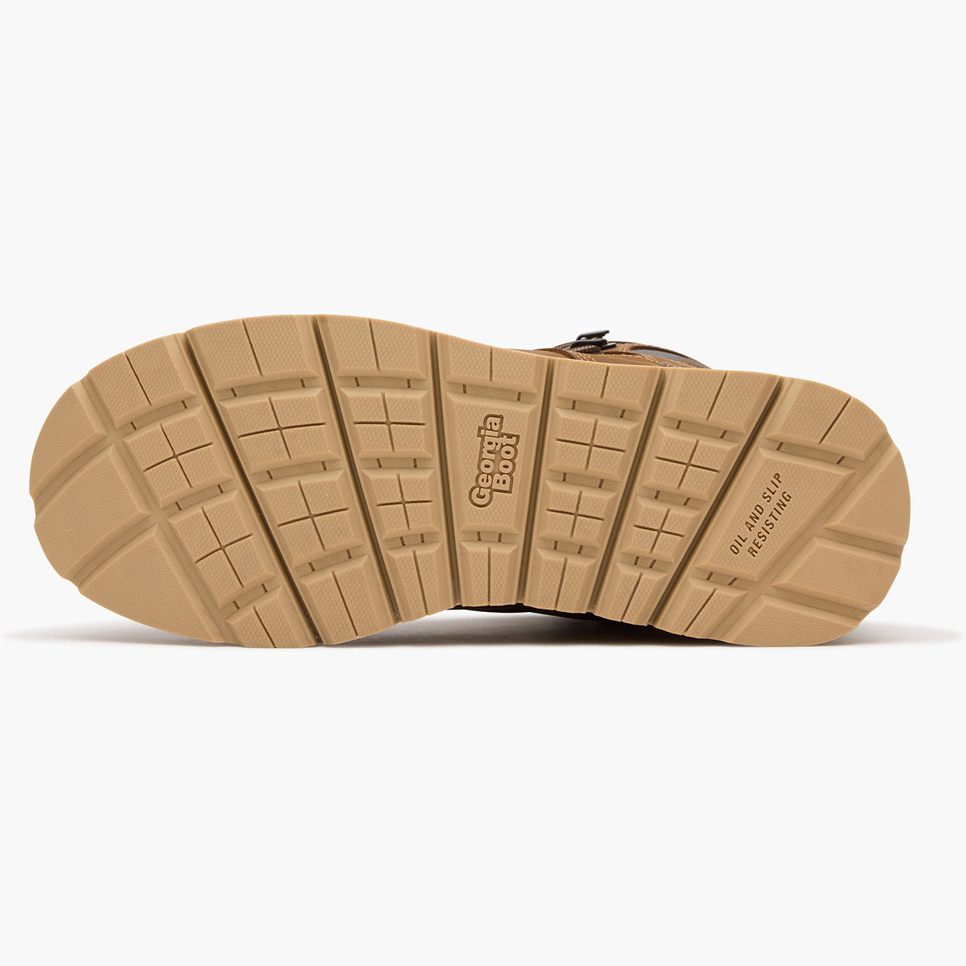 Close-up of a brown boot sole with tread pattern on a white background