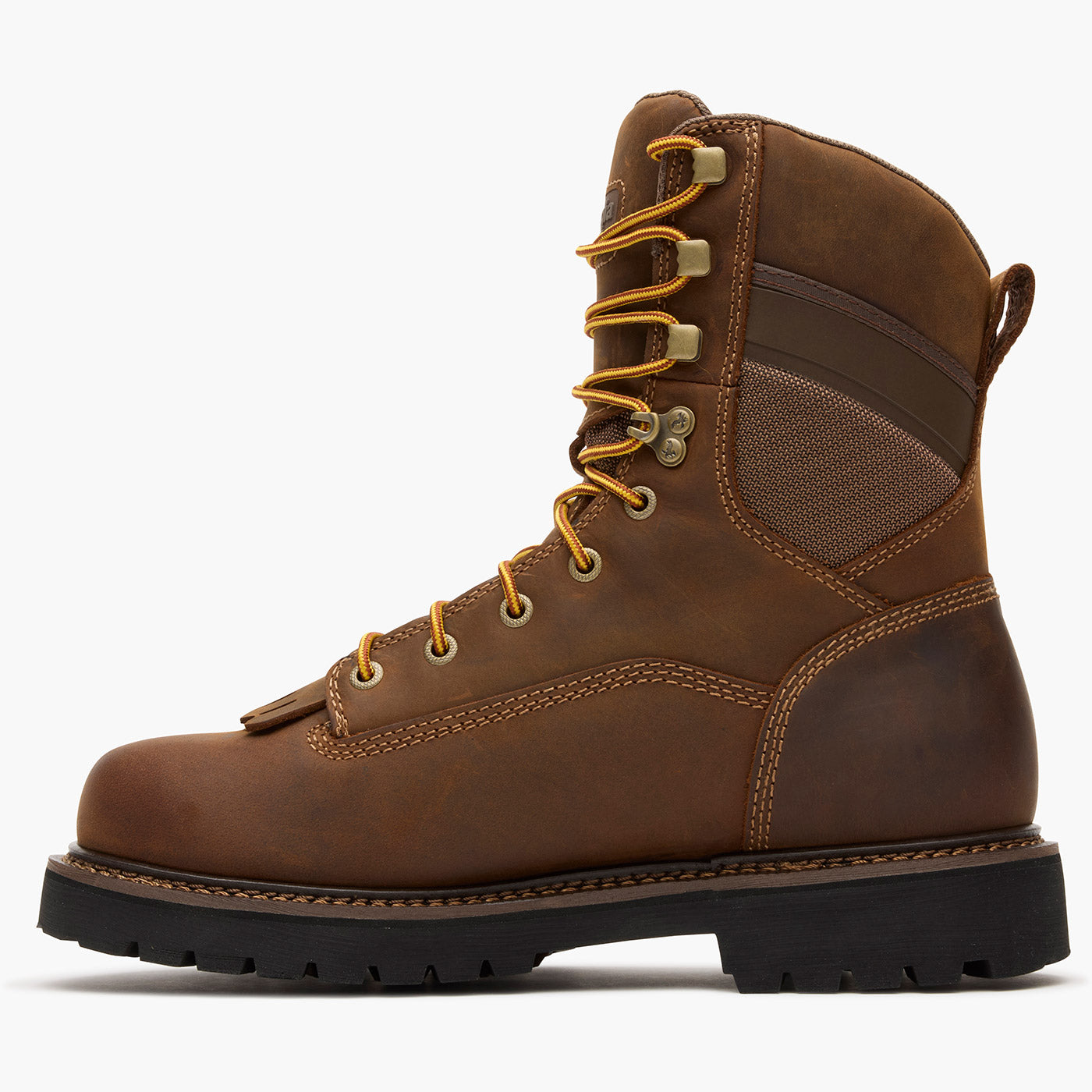 Brown leather boot with yellow laces on a white background