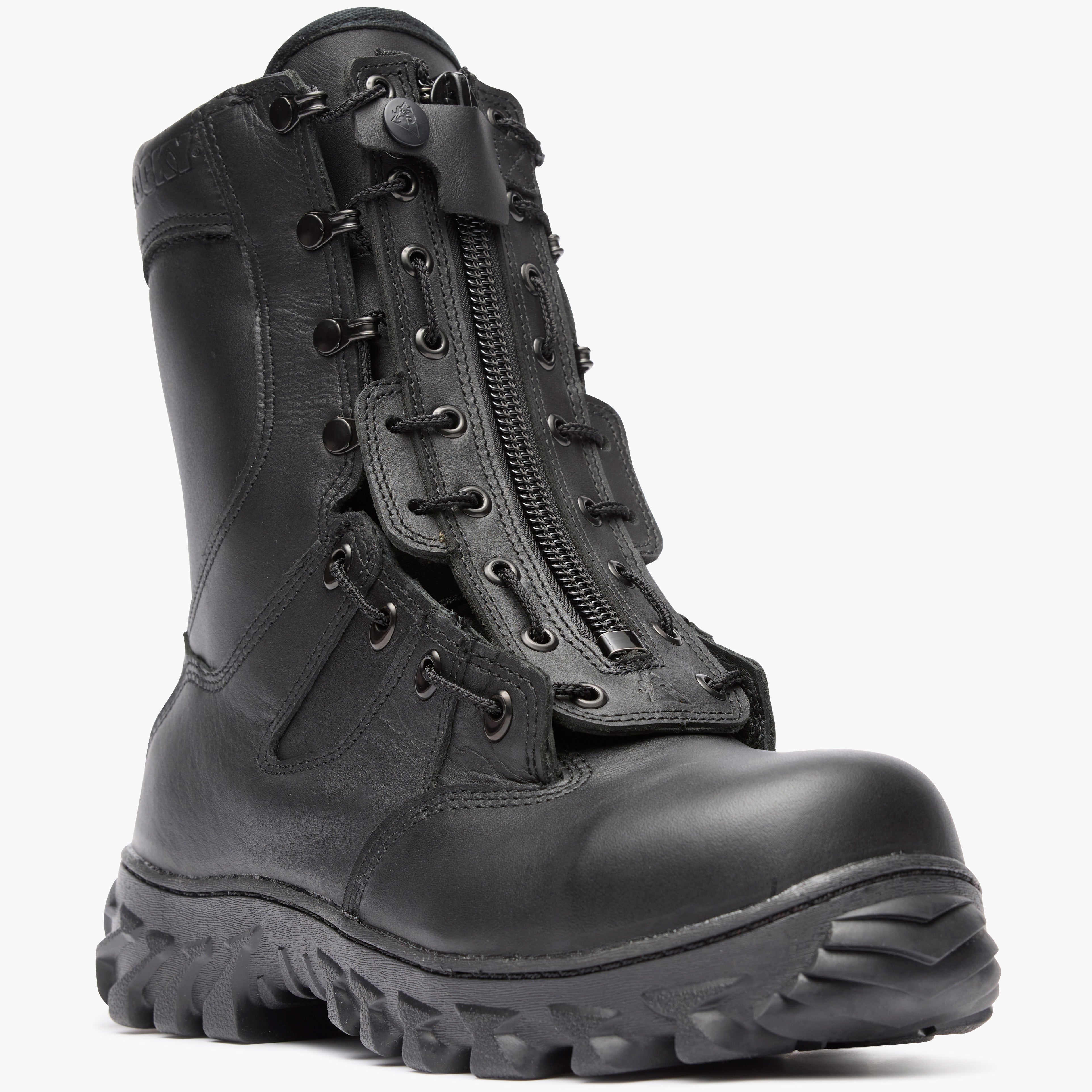 Black tactical boot with multiple zippers on a white background